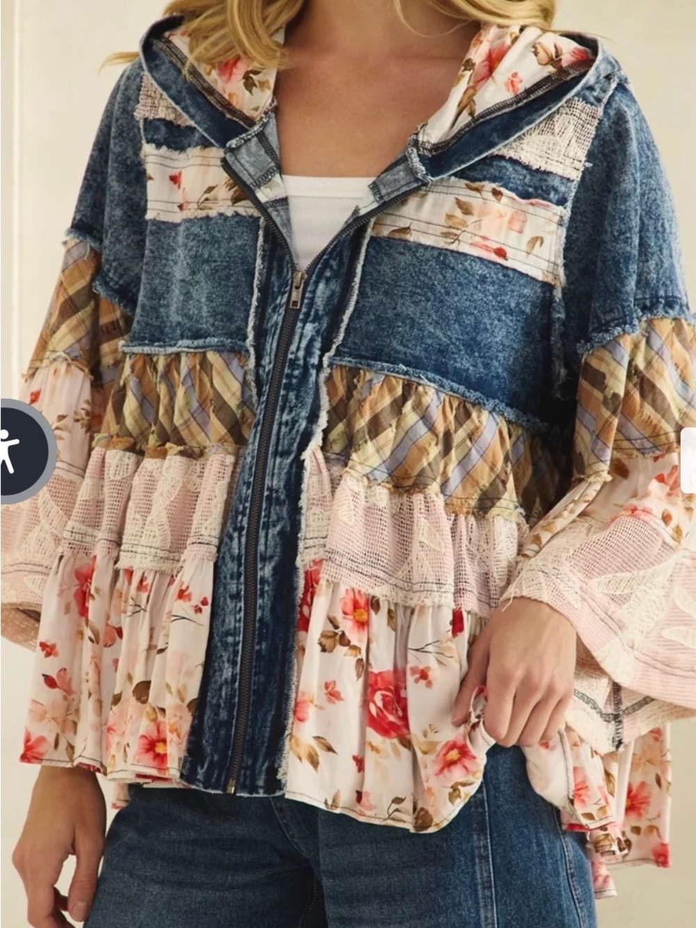 Boho Patchwork Olí and Hali Denim Jacket with Floral Lace Sleeves size S